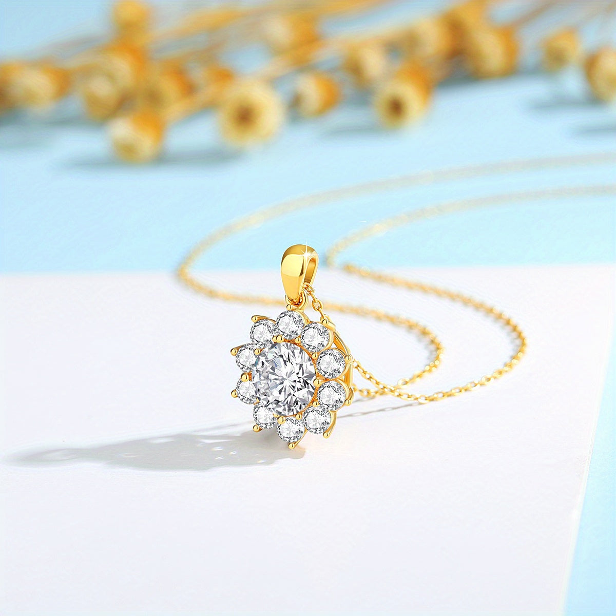 Ethical 18K Golden Plated Moissanite Flower Pendant Necklace, made with S925 Silver, perfect for a stylish vacation look. Great for fancy events, music festivals, or as a gift for Christmas, birthdays, or anniversaries - suitable for all seasons.