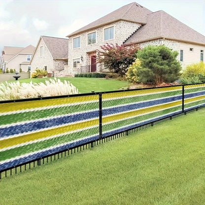 Vibrant outdoor privacy screen made from durable PE material with sunshade netting and anti-spy mesh, featuring hook-and-loop closure for year-round use.