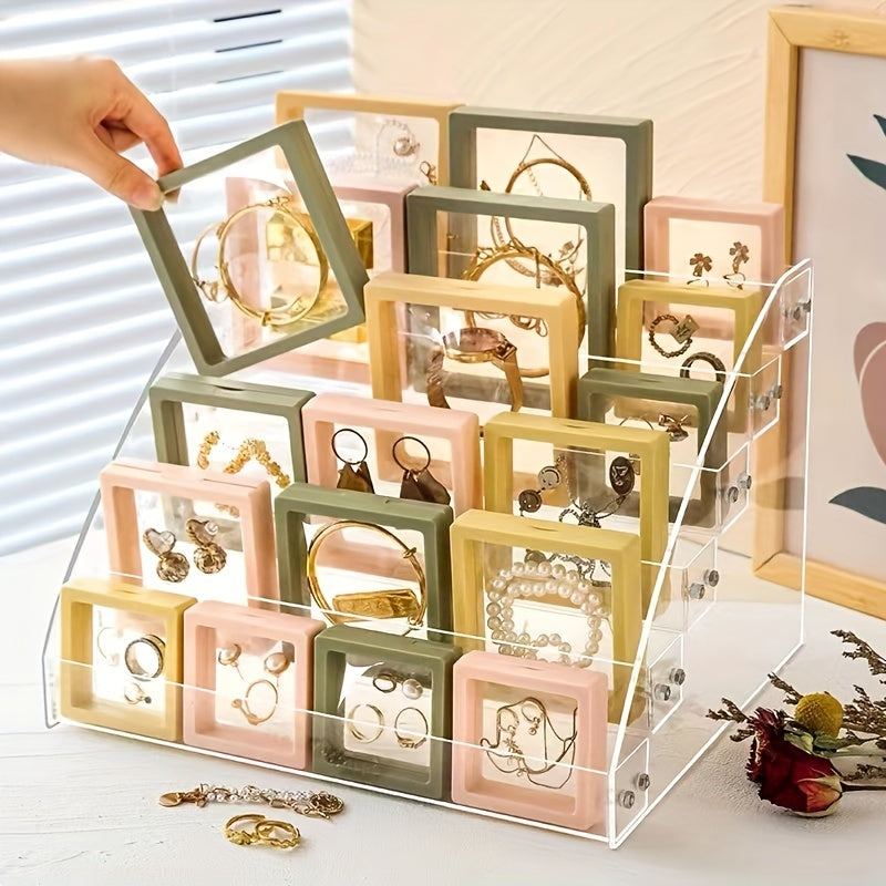 10-pack of floating jewelry boxes for rings, bracelets, earrings, and necklaces.