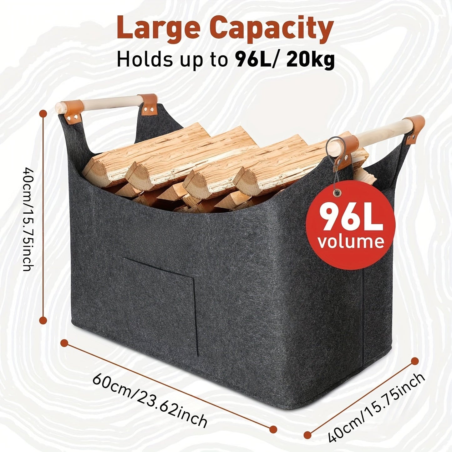 Extra large foldable log basket designed for fireplaces, 55L capacity with thickened felt material for wood storage. Features extended handles for easy indoor wood burner transport, keeps firewood organized. Made with durable dark gray material.