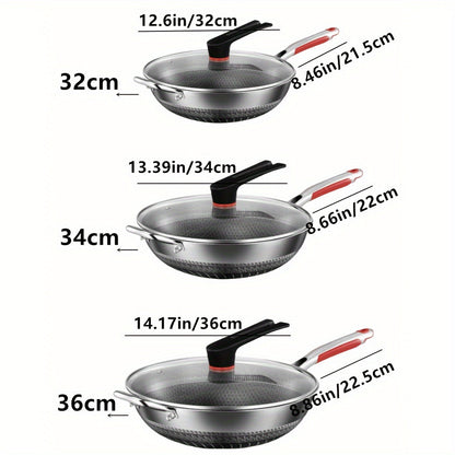 Stainless Steel Frying Pan with Lid and Handle - Perfect for Induction Cooker, Gas Stove, and Camping - Non-Stick Pan for Cooking Fish, Eggs, and Steak - Available in 32cm, 34cm, and 36cm Sizes