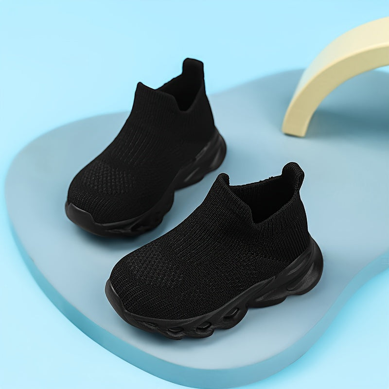 Kids' slip-on sneakers with breathable knit material, EVA sole, and low-top design. Perfect for daily wear, outdoor activities, and all seasons. Cute and comfortable footwear for boys and