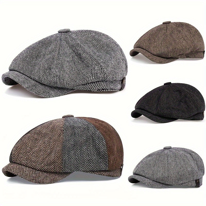 Retro Octagonal Herringbone Hat for Men, Striped Casual Beret, Gatsby Flat Hat