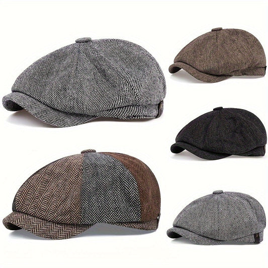 Erkaklar uchun Retro sakkizburchakli herringbone shlyapa, chiziqli tasodifiy beret, Gatsby tekis shlyapa