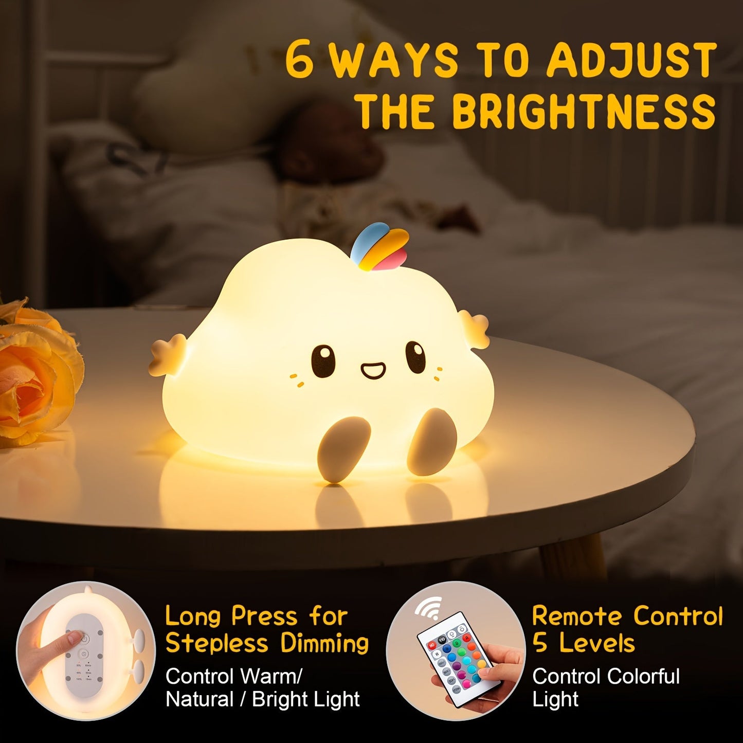 The PIKOY Kawaii Cloud LED Night Light is a whimsical addition to any room. With a remote control, 16 color options, and 8 levels of dimmable brightness, this USB rechargeable light is perfect for adding a touch of charm to your bedroom. The included