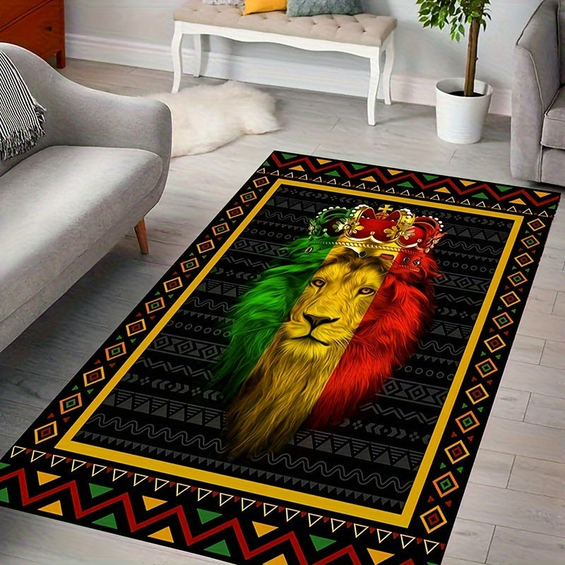 Soft, non-slip, and washable polyester mat with a modern African design featuring a vibrant 3D Lion King print. Perfect for adding a touch of personality to your living room, bedroom, kitchen, or home office decor.  Suitable for use as a rug in your