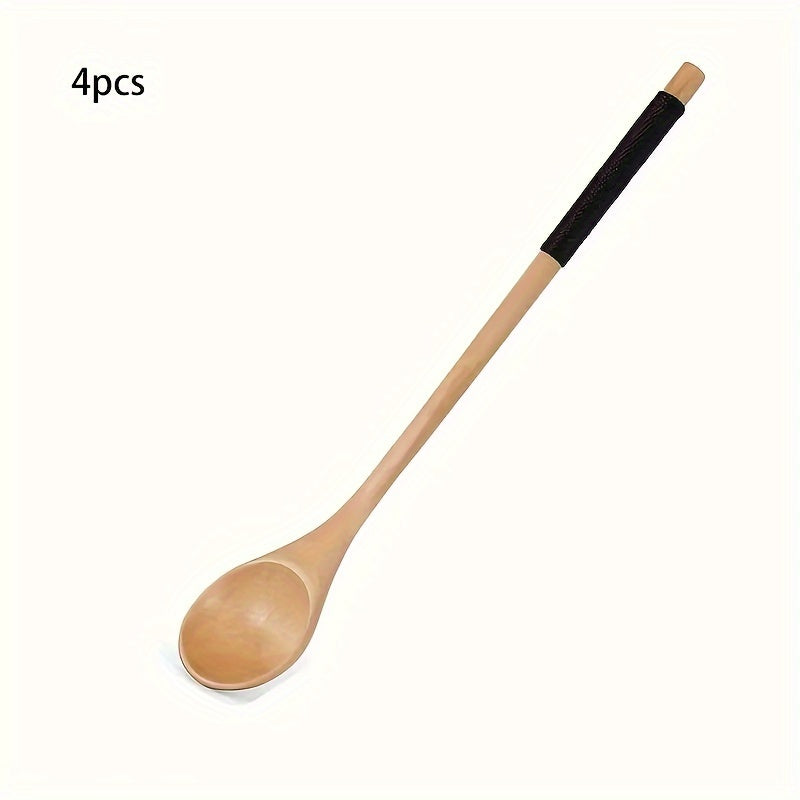 Creative long handle Japanese-style honey stirring spoon with twisted round handle, made from small wooden spoon.