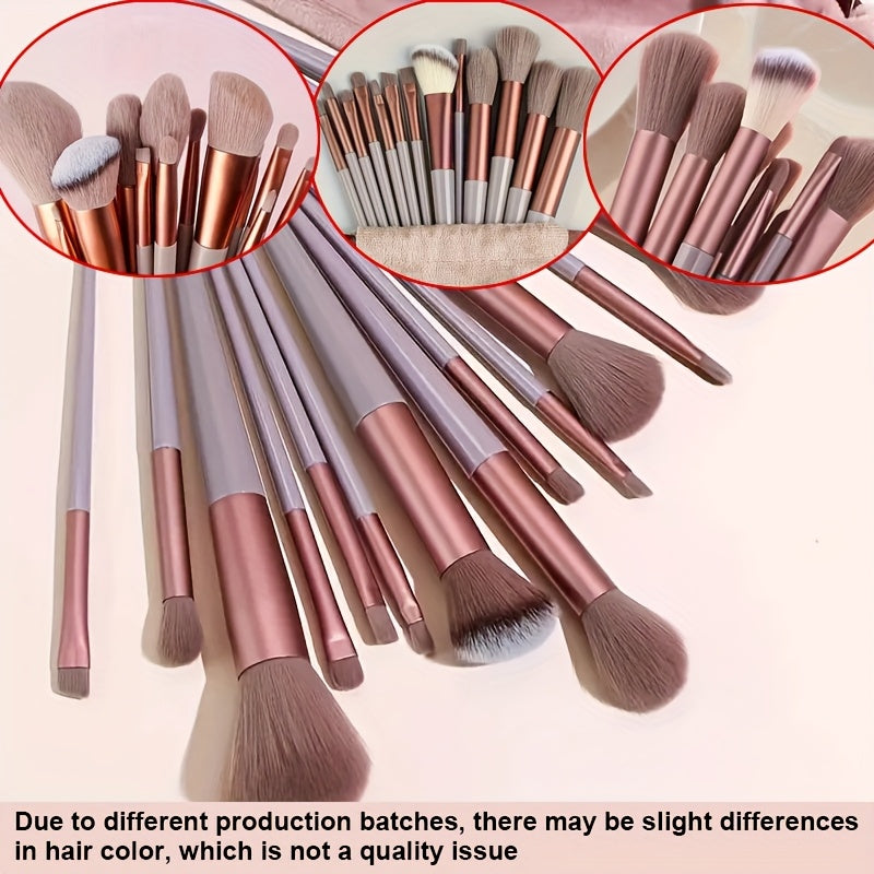 13-piece professional makeup brush set with soft polyester bristles and hypoallergenic nylon bristles. Features ABS plastic handle and is fragrance-free. Suitable for all skin types.