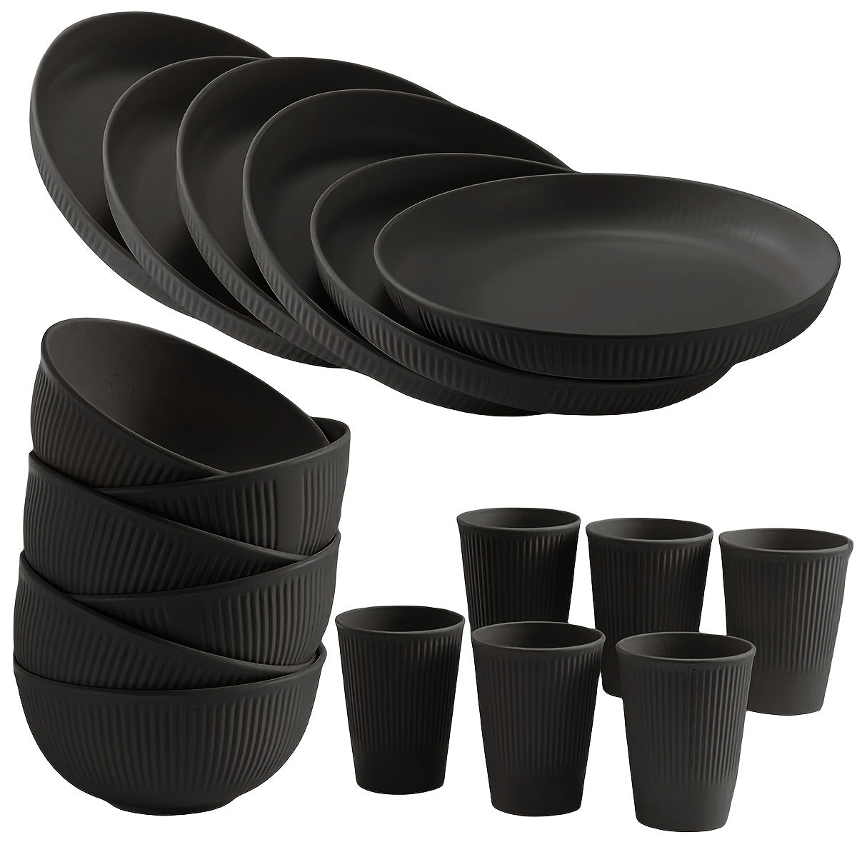 Durable 18-piece plastic dinnerware set with striped design. Dishwasher and microwave safe for kitchen, dorm, camping, RV, and picnic use.