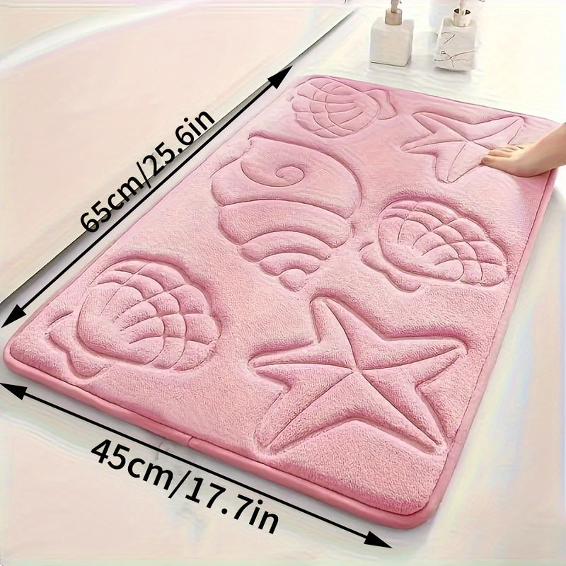 High-density 25D sponge bath mat with ultra-soft starfish and shell embossing, offering super absorbency and non-slip properties. Ideal for bathtubs, showers, and home decor. This bath accessory features high-frequency embossing for a touch of elegance