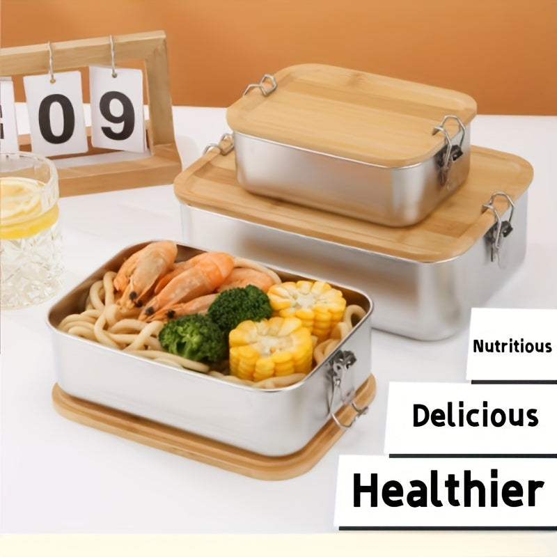 Portable Lunch and Snack Food Container - Bamboo Lid Stainless Steel Bento Box