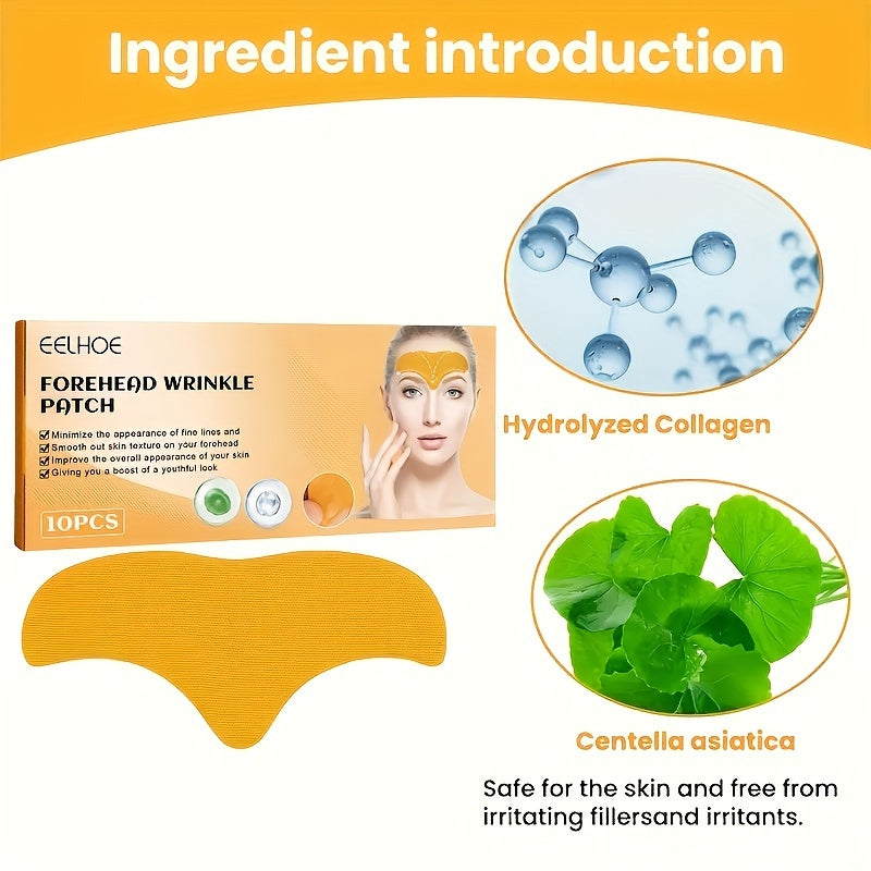 10 collagen forehead patches for all skin types, alcohol-free, with centella asiatica, glycerin, and aloe vera.