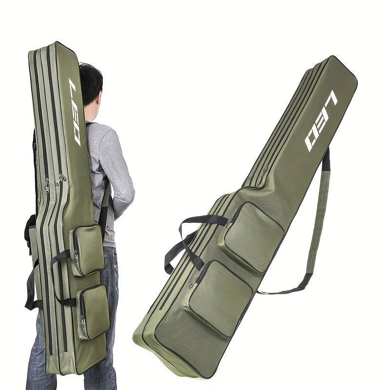 130cm/4.27ft Portable fishing rod and reel organizer. Two-layer durable Oxford storage bag for travel fishing gear.