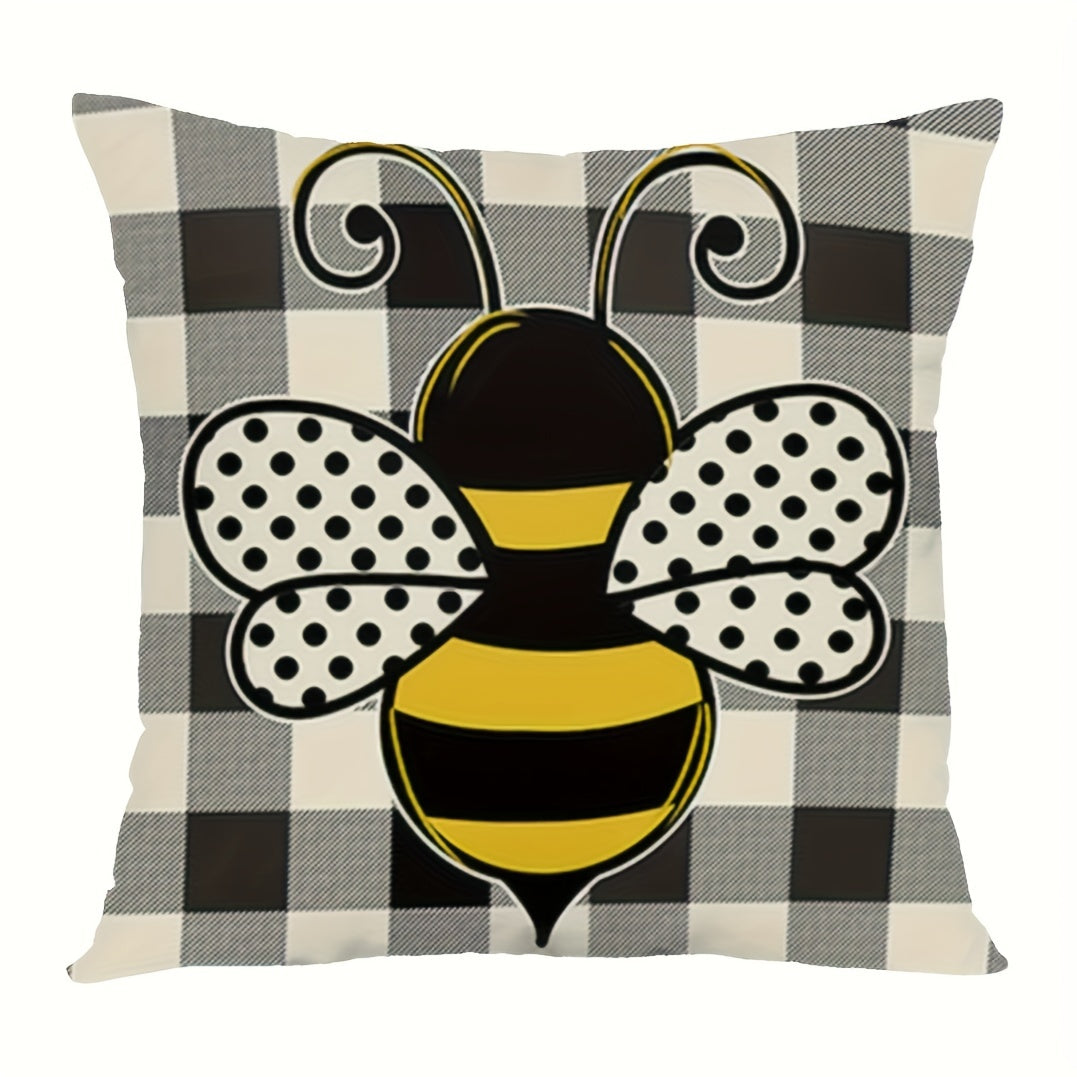 One-piece Bee Pillow Cover with Summer Polka Dots Print, Buffalo Plaid Decorative Throw Pillow Case for Home Couch Bedroom. Made of Soft Short Plush, Measures 45.72x45.72 cm.