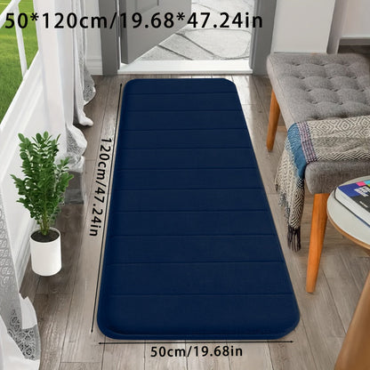 Set of memory foam bath mats, featuring ultra-soft and absorbent material with a non-slip backing. Ideal for use in the bathroom, shower, laundry room, or outdoor entrance. Made of durable polyester that is easy to clean in the washing machine. Can also