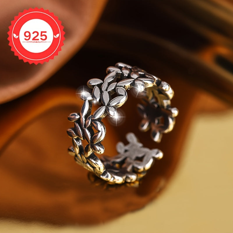 Vintage Leaf Ring in 925 Silver with Adjustable Open Band, Lightweight at 4g. Featuring a Stylish Hollow-Out Design and Bohemian Style, plated in 18K Gold. This Unisex Jewelry piece is perfect for Daily Wear, Parties, and Gifts. An Elegant All-Season