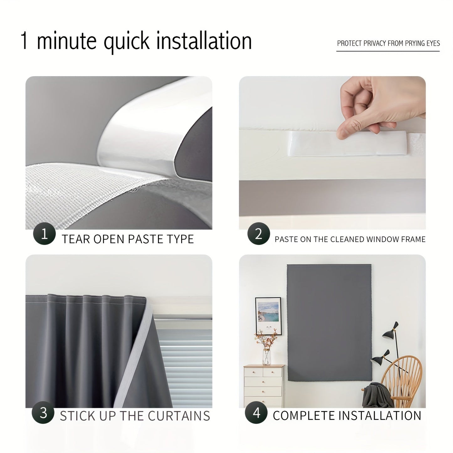 Set of 1 self-adhesive portable blackout curtain panels, with thermal insulation and tiebacks. Ideal for small windows in bedroom, living room, dorm room, office, or home decor.