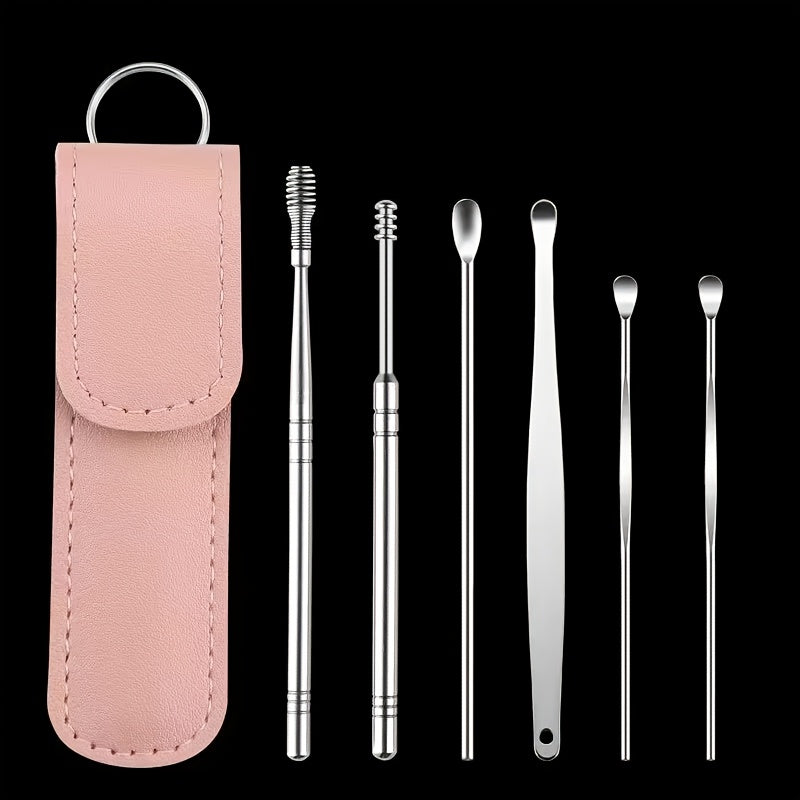 Durable stainless steel ear cleaning set with rotating cleaning stick and storage bag. Safe and convenient for home and travel use, makes a great holiday gift.