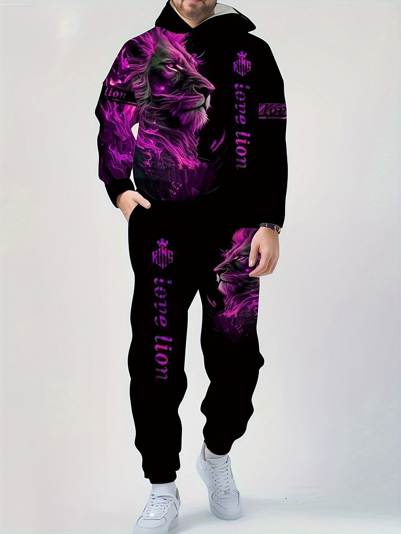 Plus size men's lion print hoodie and sweatpants set for fall/winter.