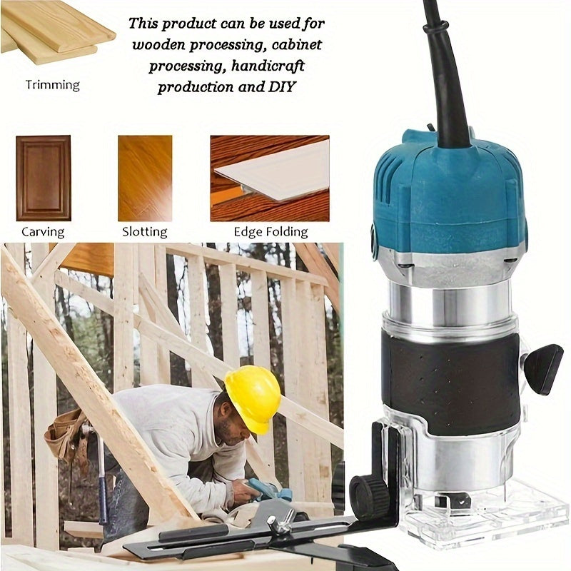 Electric woodworking router with slotting function, DIY wood engraving tool, edge trimming, laminate milling & carving, includes router bits, European standard plug, 220-240V power supply