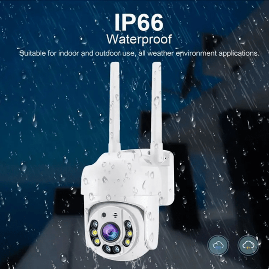 One waterproof outdoor WiFi security camera with automatic tracking and directional rotation. Features include audio CCTV monitoring, 360-degree IP camera, full-color day and night vision, humanoid motion detection, two-way voice intercom, and a