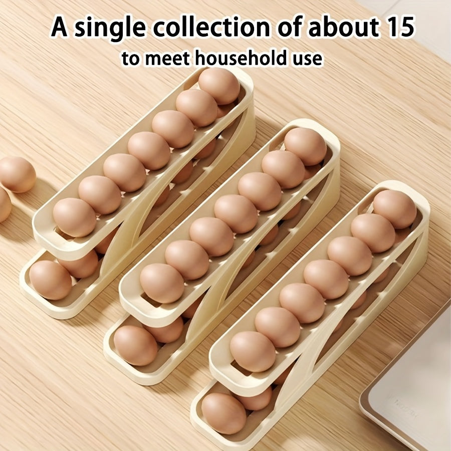 Refrigerator Rolling Egg Tray Holder with Slide Design, Kitchen Organizer for Easy Egg Storage. Automatic Rolling Egg Cooker for Convenient Cooking. Anti-Fall Egg Storage Box for Kitchen Table. Essential Kitchen Supplies.