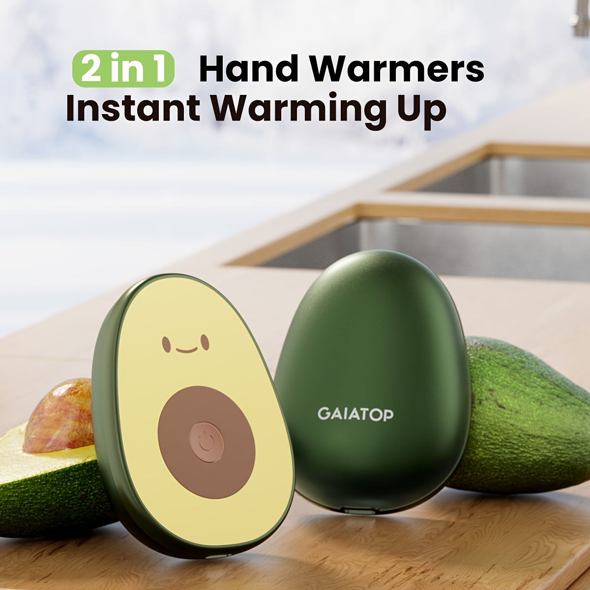 2 rechargeable hand warmers from GAIATOP - Features a cute avocado design, magnetic detachable feature, and USB powered for outdoor & camping use.