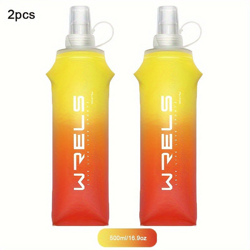 WRELS 2pcs collapsible silicone water bottles in sizes 8.5oz & 17oz, BPA-free for running, hiking, and cycling.