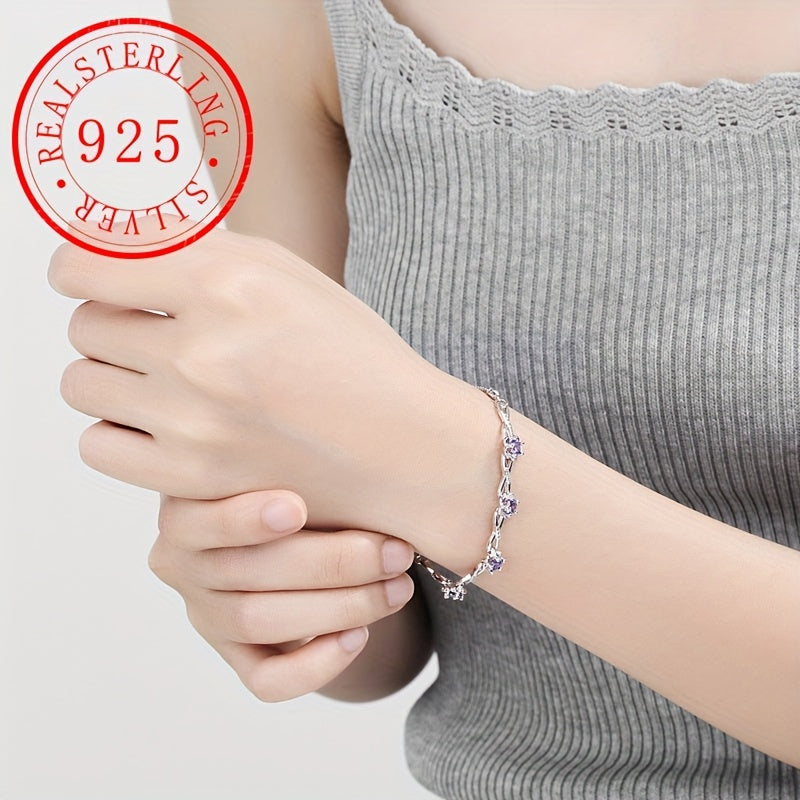 This bracelet is made of high-quality S925 silver, featuring a beautiful peach blossom design with plum blossom decoration and purple zirconia. It is perfect for everyday wear or as a thoughtful gift, weighing 5.2g/0.18oz.