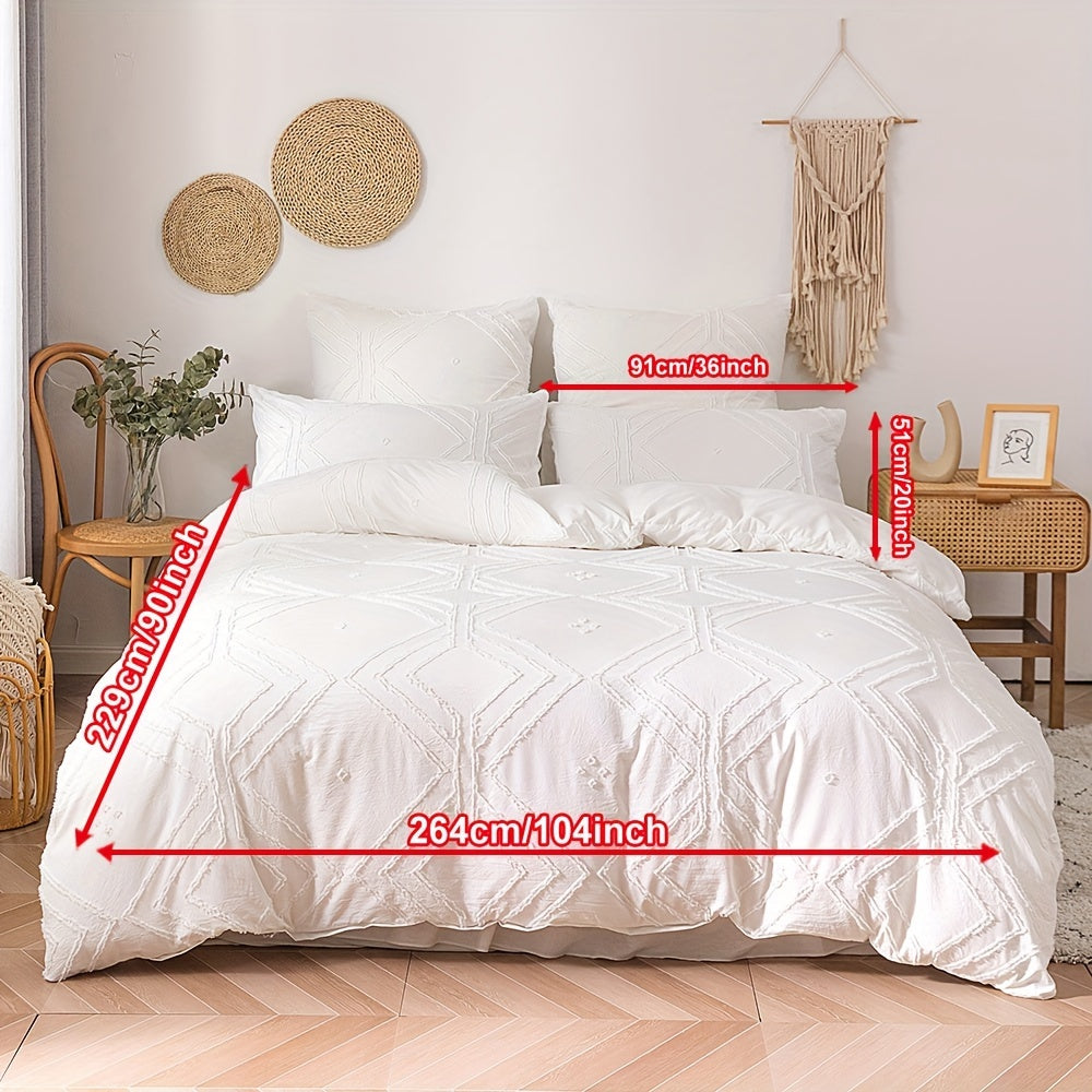 Boho Tufted Duvet Cover Set 1 ta Duvet Cover va 1 yoki 2 ta Yostiq qopqog'ini o'z ichiga oladi (Yadro kiritilmagan). Geometrik Tekstura dizayni va Zipper yopilishi bilan ta'minlangan, bu Yumshoq va Yengil to'shak to'plami barcha fasllar uchun mukammaldir.