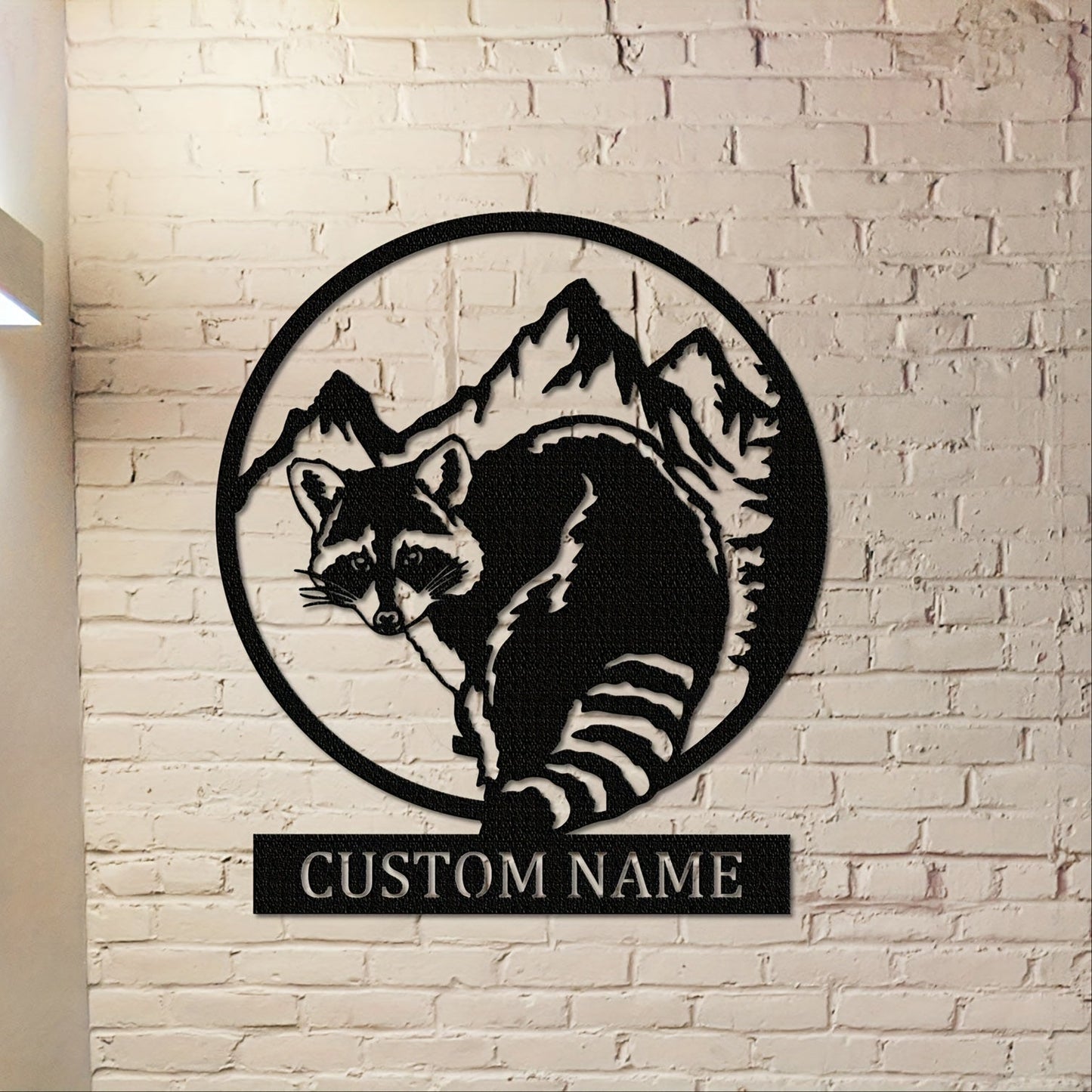 Custom raccoon metal sign inspired by nature for personalized name wall art in home, cabin, and patio decor. Made with weatherproof AAA grade metal and textured powder coat finish.