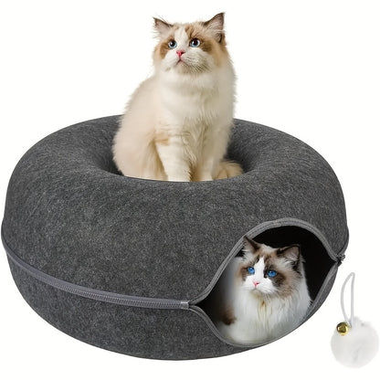 Donut-shaped cat bed with interactive felt tunnel, also serves as a canvas cat house for small to medium cats, ferrets, and rabbits, can be used as a play and training toy.