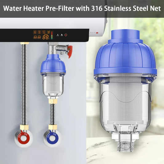 Stainless Steel Pre-Filter for Water Heater - One Piece, Reusable Spin-Down Sediment Filter in Bottle-Shaped Container, Energy-Efficient Solution for Washing Machines, Showers, and Sinks