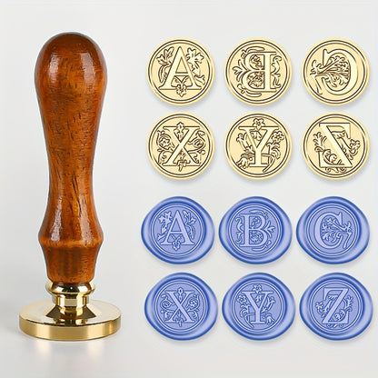 1 set of a 26-letter series Wax Seal Stamp with a Retro Wood Handle and Brass Head for various uses such as Thanksgiving Cards, Envelopes, Gift Wrapping, and Wedding Invitations featuring a