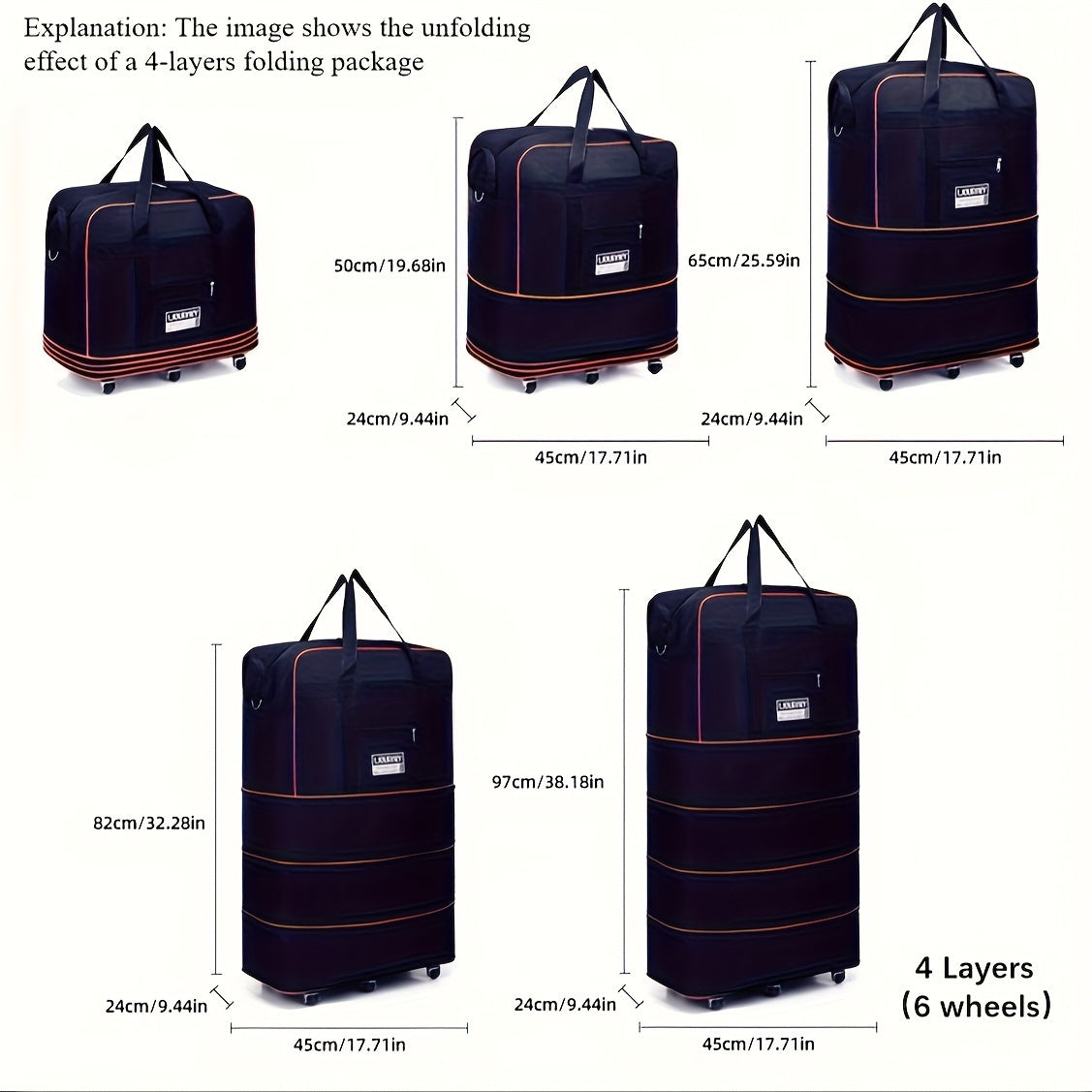 Foldable travel luggage bag with wheels for business trip, study abroad, and travel. Large storage capacity, expandable and portable.