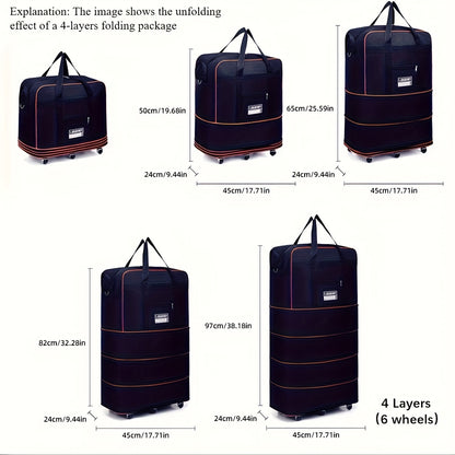 Foldable travel luggage bag with wheels for business trip, study abroad, and travel. Large storage capacity, expandable and portable.