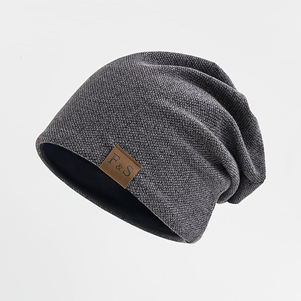 Christmas gift of a men's casual beanie hat made with a blend of cotton and soft, breathable polyester fabric. Features an alphabet pattern, high stretch, and is recommended for hand wash only.