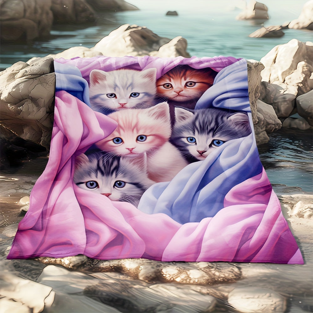 Get cozy with this adorable blue and pink kitten blanket! Perfect for any sofa, office couch, bed, or even travel and camping. This lightweight flannel blanket features digital printing and is super soft and warm. It also makes a great gift for family