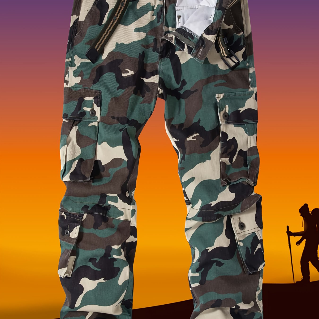 Men's plus size camo cargo pants with multiple pockets in army green camouflage pattern. Perfect for outdoor activities. Features drawstring waistband and loose fit in stretch cotton blend.