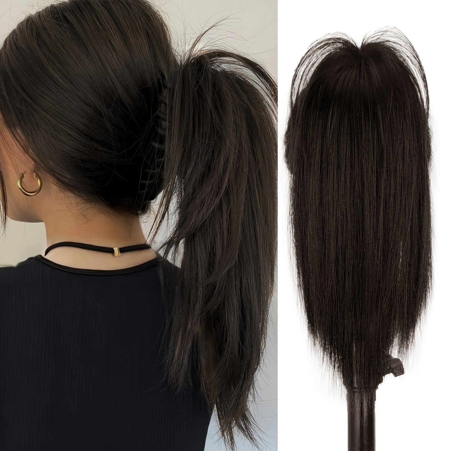 Women's synthetic claw clip ponytail extension with medium long straight hair for a natural look. Easy to wear for daily use.