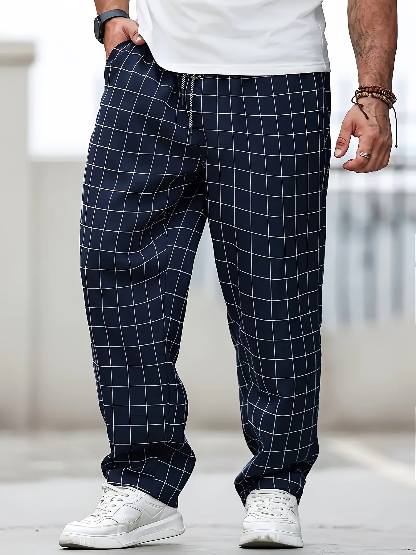 Men's Casual Plaid Jogger Pants in PLUS SIZE, made of woven polyester with drawstring waist, relaxed fit, and machine washable for all-season comfort.