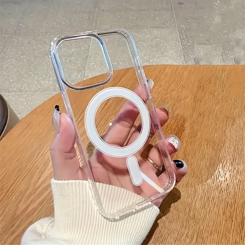 Clear magnetic phone case compatible with Apple iPhone X to 16 Series, with hard back and soft edges that won't interfere with screen protector.