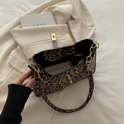 Leopard Print Shoulder Bag with classic clasp, PU strap, zip closure, and faux leather lining.