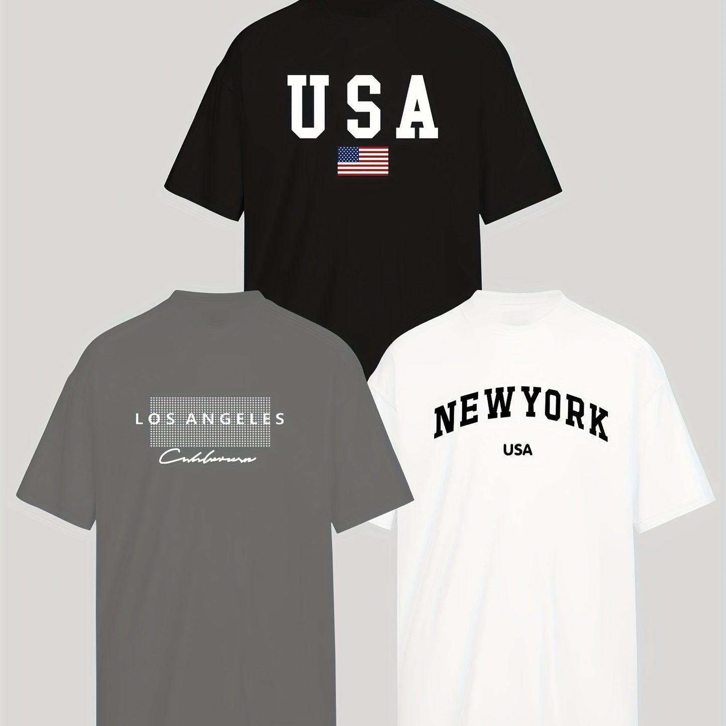 3 Fashion T-Shirts featuring Los Angeles, New York & USA prints - Crew neck, short sleeve tees for men & women. Made of breathable polyester blend, machine washable.