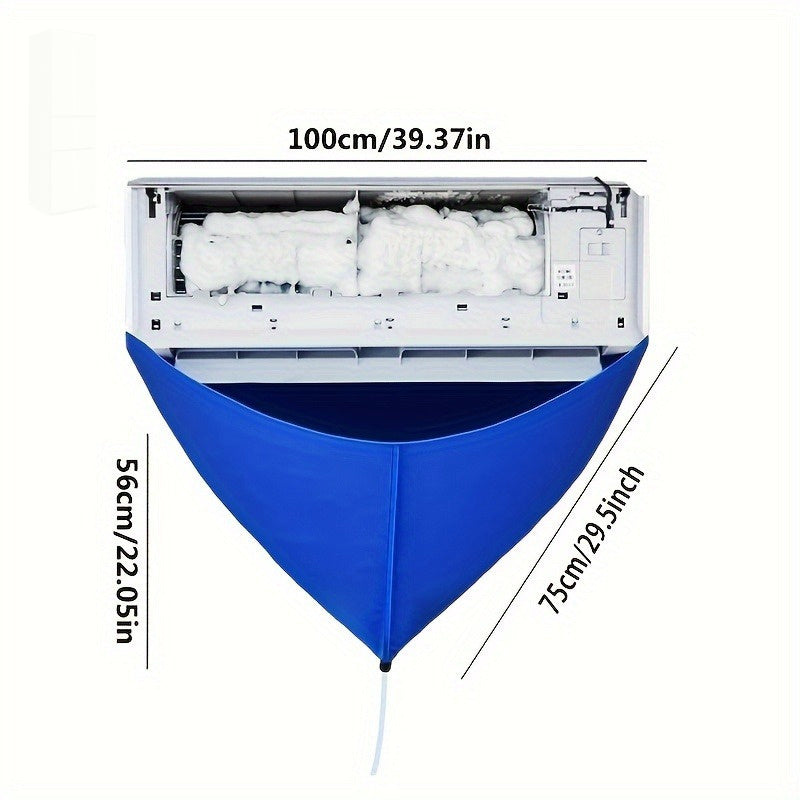 Reusable, self-adhesive protective bag for AC maintenance and washing with water pipe, designed for wall-mounted air conditioners. Blue cover is waterproof and easy to clean.