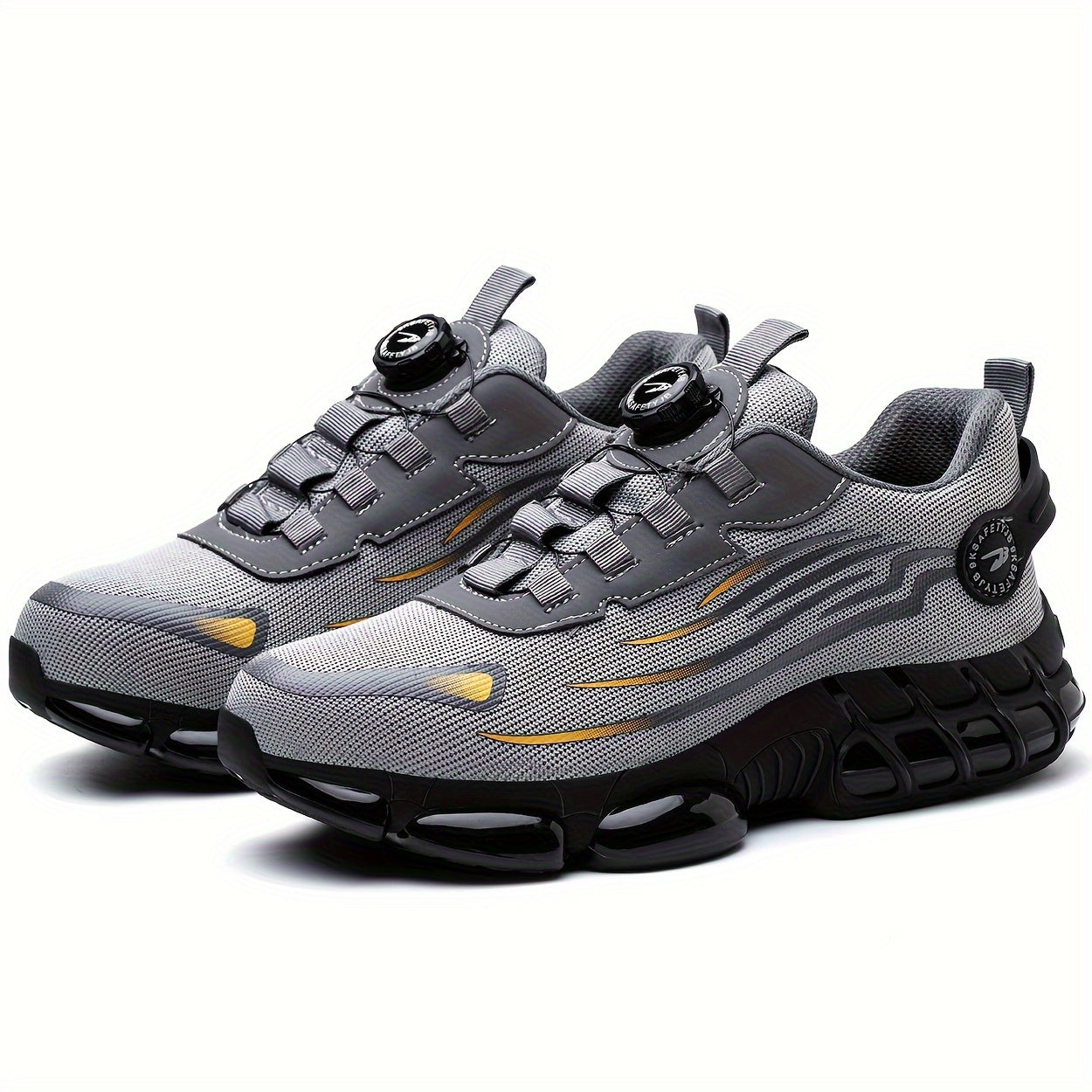 Breathable safety work shoes for men, with steel toe, puncture-resistant, non-slip, and durable features for industrial or casual wear in black and gray with reflective stripes.