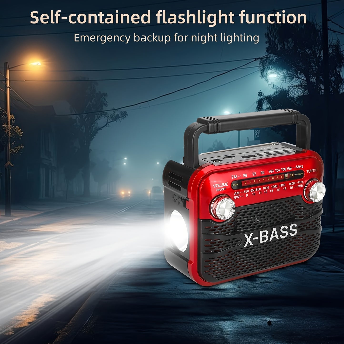 X-BASS Portable FM Radio with Flashlight - Rechargeable battery, multi-band, USB/TF/BT playback, 2-4 hour playtime, red & black, indoor/outdoor use.