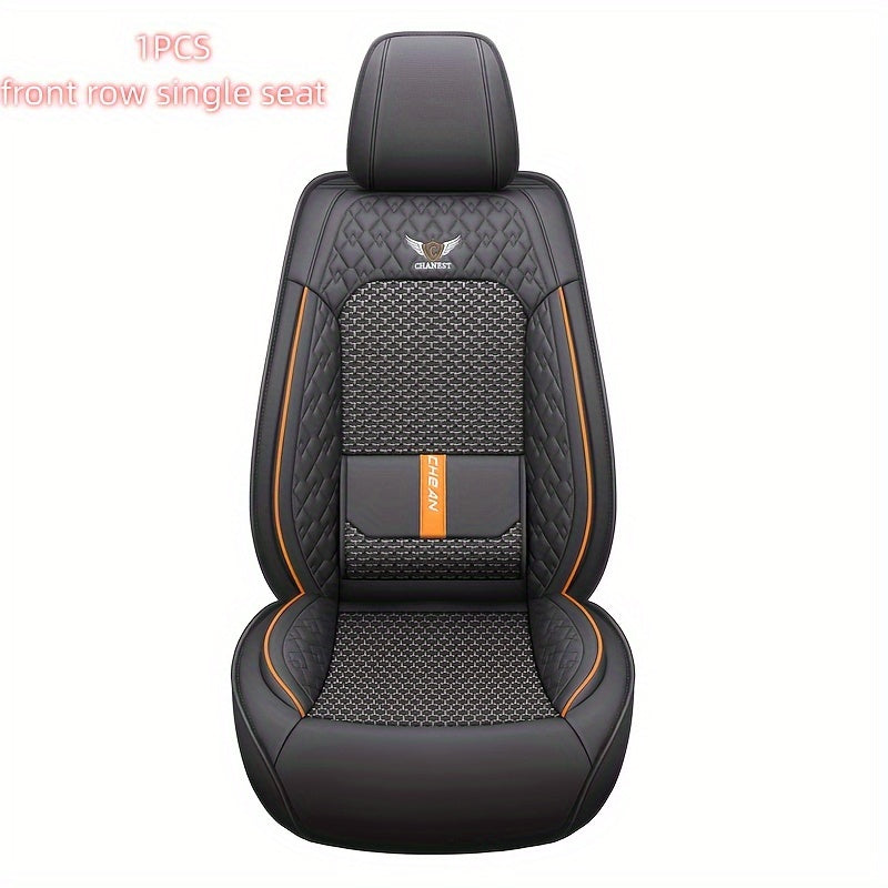 Luxury car seat covers for 5-seat cars in navy blue with orange accents. Made of breathable mesh and PU leather for maximum comfort. Ergonomic contour fit. Includes headrest. Vehicle