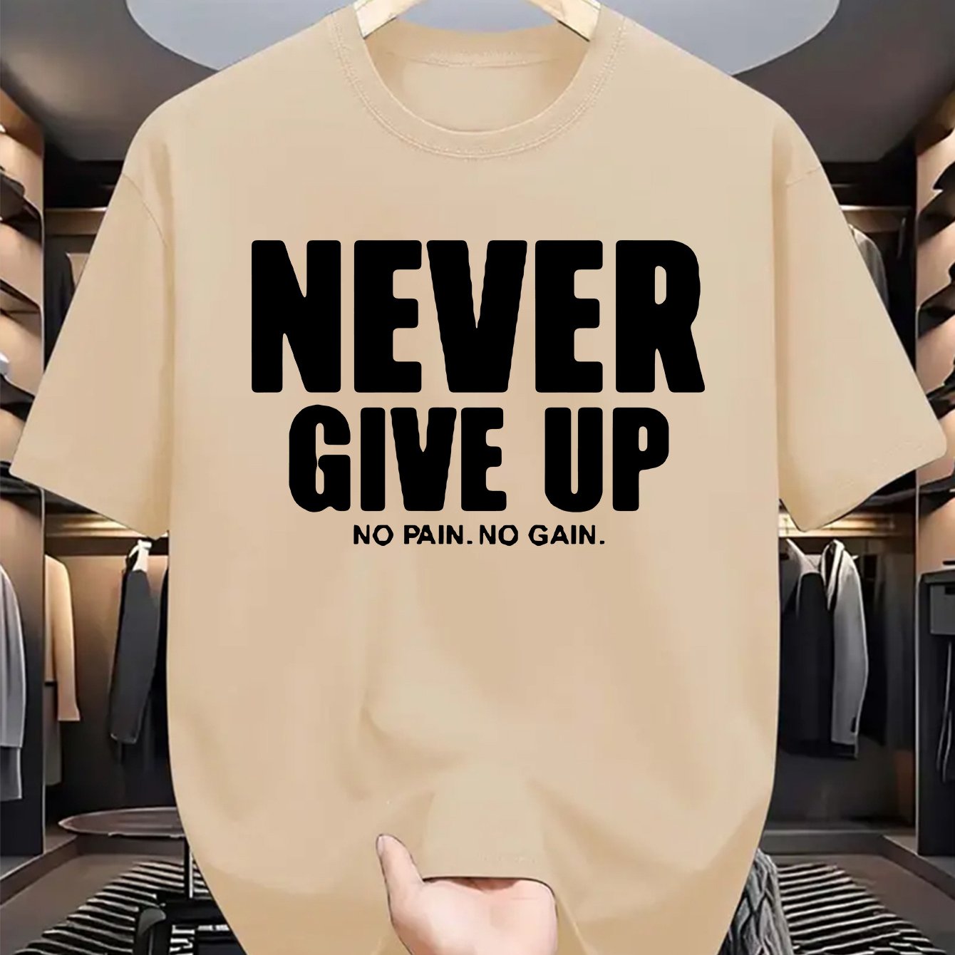 Men's casual crew neck t-shirt with "Never Give Up" print, made of polyester knit fabric with a slight stretch for a regular fit. Perfect for daily wear in summer with short sleeves.