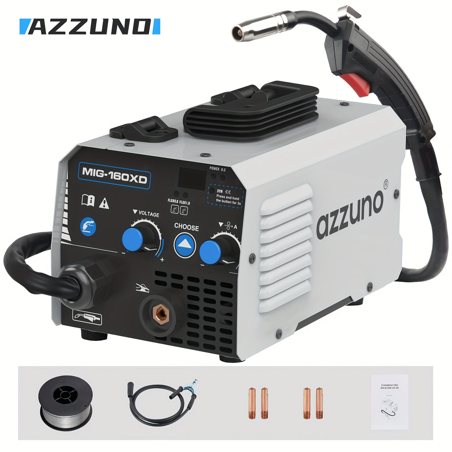 AZZUNO MIG-200DX Mini Portable Welder, 220V No Gas Semi-Automatic with Flux Cored Wire, Compact Iron Construction for Home Use, Includes Welding Rods & Accessories